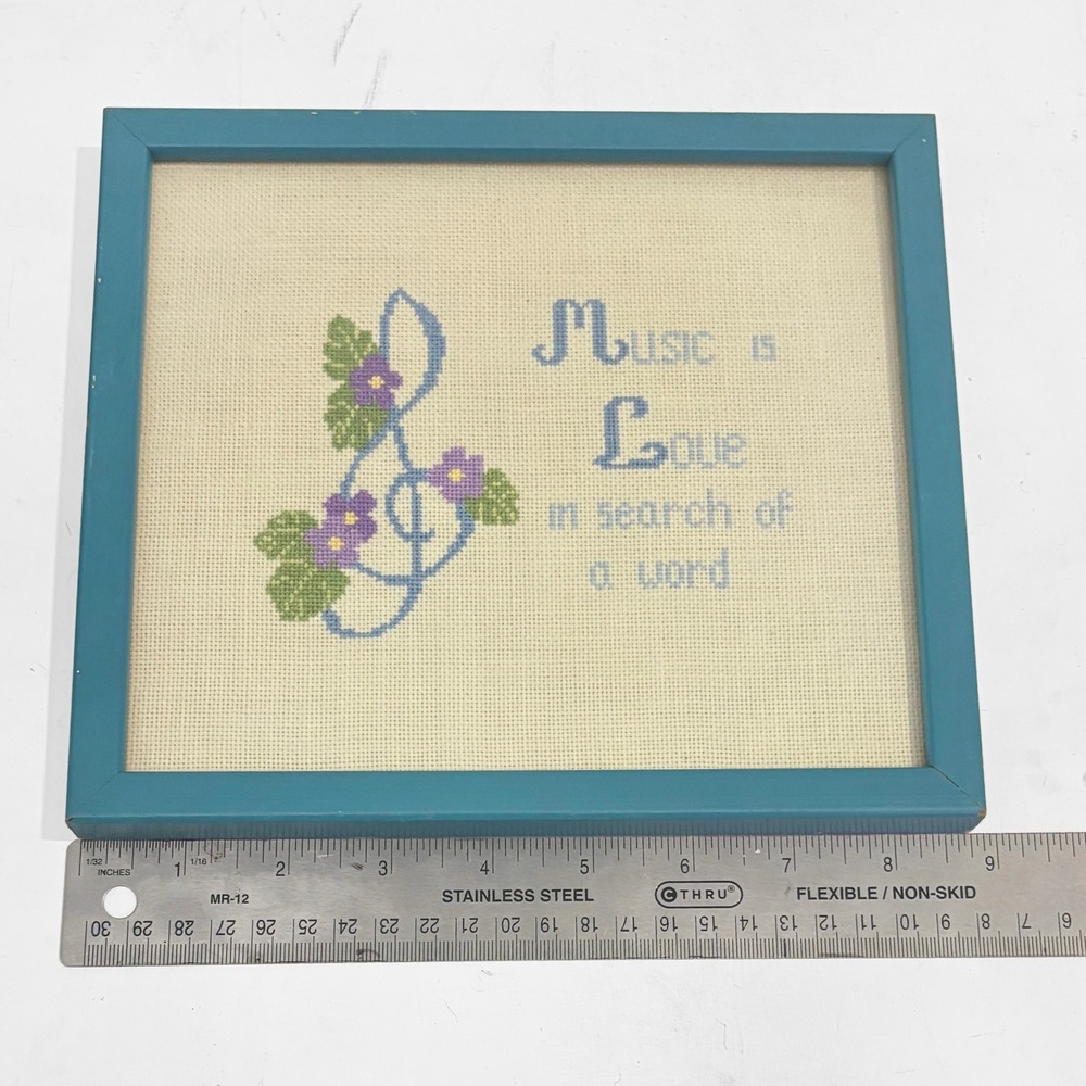 Vintage Finished Cross Stitch Music is Love Blue Framed 9"x8" - Picture 5 of 6